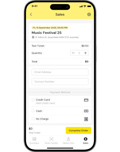 Sticky Tickets app on iPhone showing a sales screen